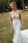 Long Sleeves Mermaid Wedding Dress Lace Applqiues Bridal Wear