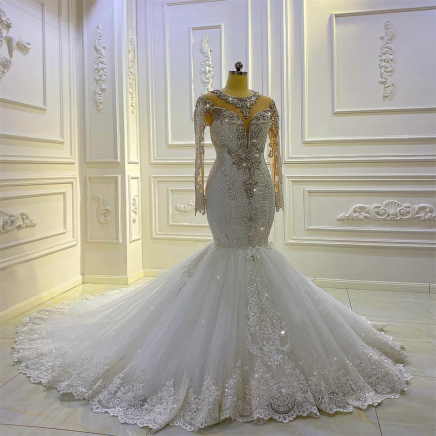 Long Sleeve Mermaid Lace Wedding Dress With Crystal Beading Chapel Train