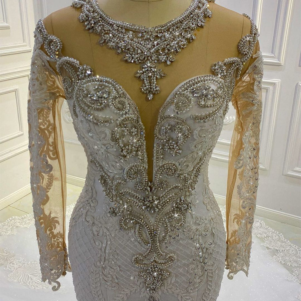 Long Sleeve Mermaid Lace Wedding Dress With Crystal Beading Chapel Train