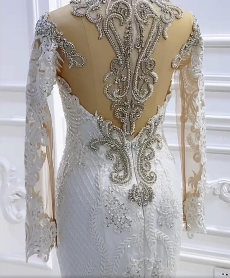 Long Sleeve Mermaid Lace Wedding Dress With Crystal Beading Chapel Train