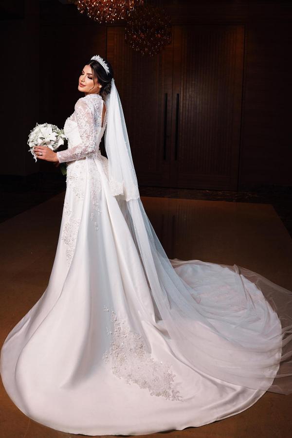 Wedding Dress With Long Sleeves Lace Overskirt High Neck A Line Chapel Train