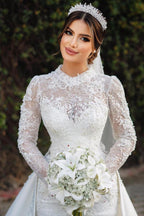 Wedding Dress With Long Sleeves Lace Overskirt High Neck A Line Chapel Train