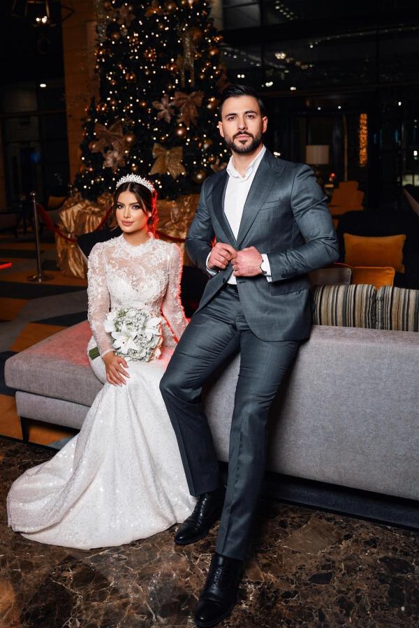 Wedding Dress With Long Sleeves Lace Overskirt High Neck A Line Chapel Train