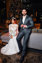 Wedding Dress With Long Sleeves Lace Overskirt High Neck A Line Chapel Train