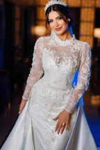 Wedding Dress With Long Sleeves Lace Overskirt High Neck A Line Chapel Train