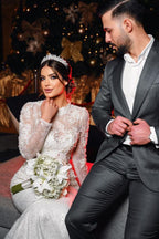 Wedding Dress With Long Sleeves Lace Overskirt High Neck A Line Chapel Train