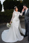 Wedding Dress With Long Sleeves Lace Overskirt High Neck A Line Chapel Train