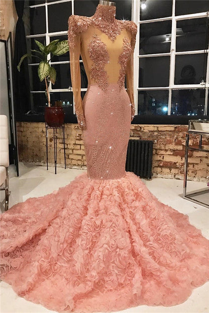 Vestido de fiesta rosa de manga larga con apliques de sirena y flores en la parte inferior 