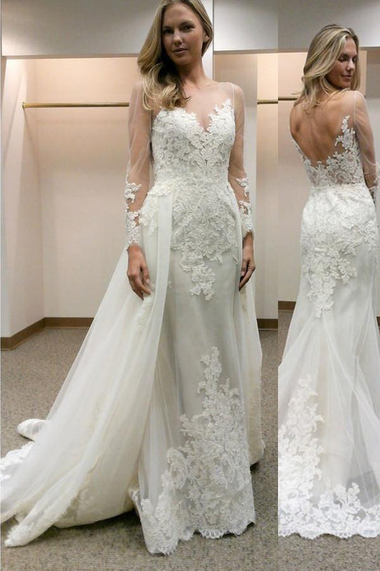 Vestido de novia de corte tubo con mangas largas y cola de encaje desmontable