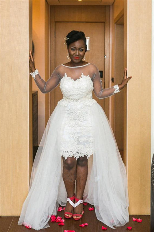 Lange Ärmel Transparentes Tüll Brautkleid Spitzenüberrock Brautmode