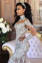 Langärmlige Tüll-Hochhals-Applikationen Spitzen-Brautkleider mit abnehmbarem Überrock