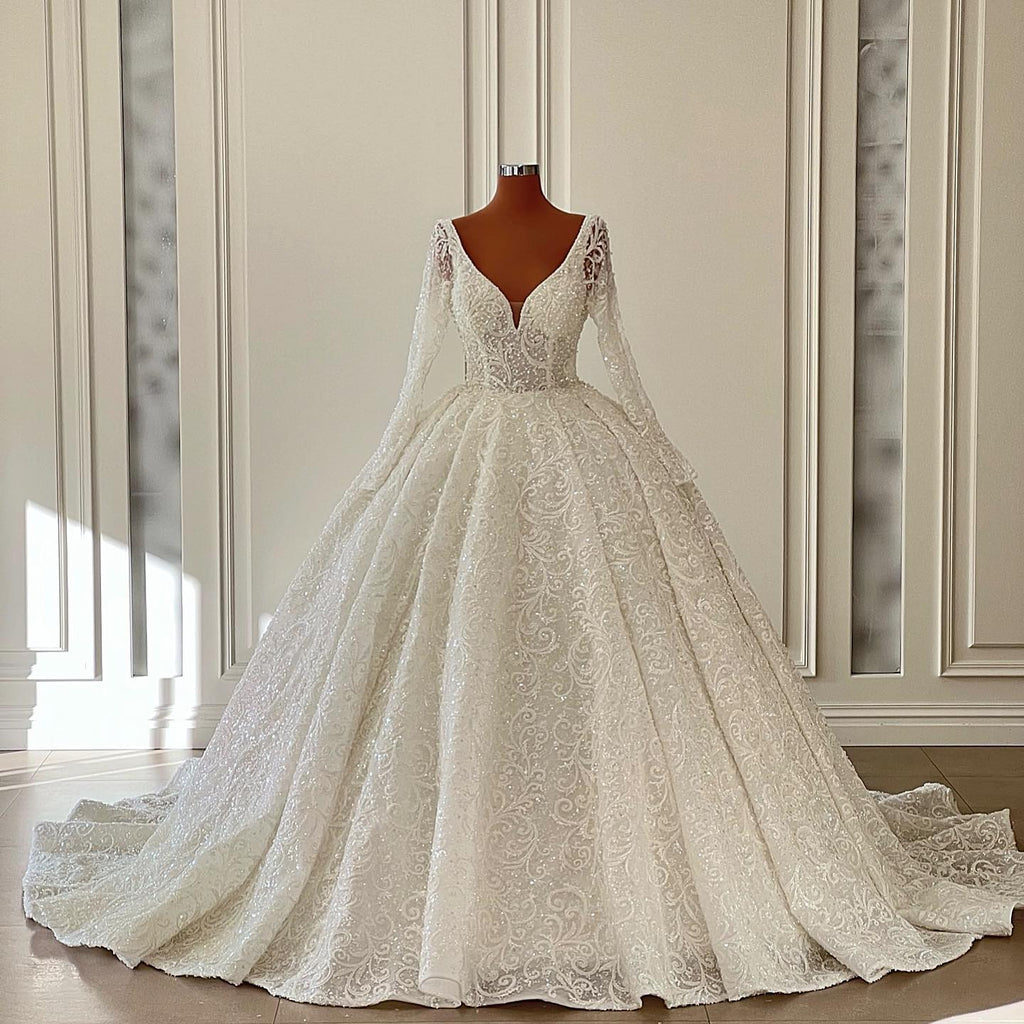 Long Sleeves V-Neck Wedding Dress Ball Gown With Lace