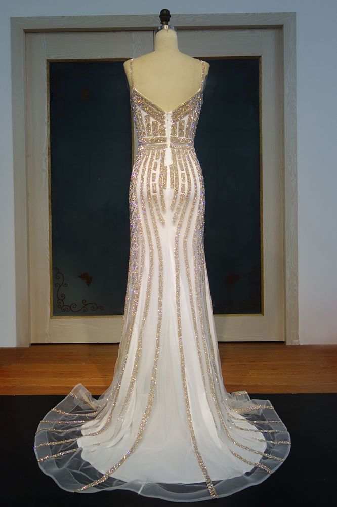 Robes de bal longues en spaghettis, sirène, décolleté cœur, champagne, à paillettes