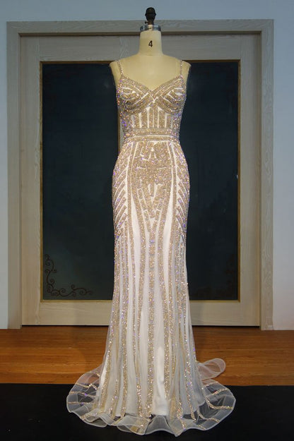 Vestidos de fiesta largos de sirena con escote en forma de corazón y lentejuelas color champán