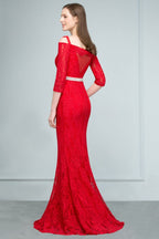 Vestidos de cerimónia compridos de renda com alças caídas, corte sereia, mangas e faixa