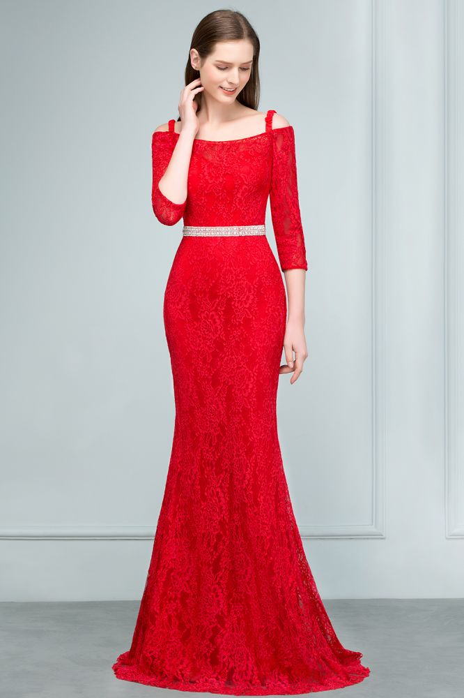 Abiti lunghi da sera a sirena con spalle scoperte, pizzo, maniche e cintura