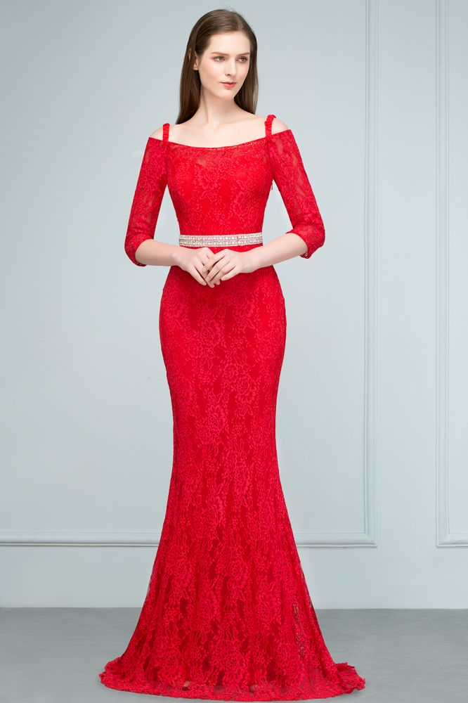 Vestidos de cerimónia compridos de renda com alças caídas, corte sereia, mangas e faixa