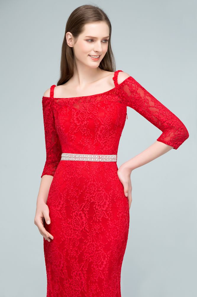 Vestidos de cerimónia compridos de renda com alças caídas, corte sereia, mangas e faixa