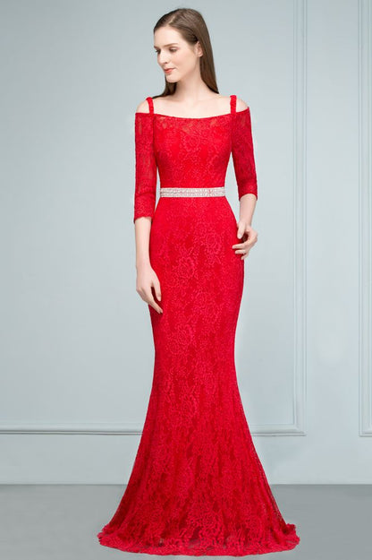 Langes, schulterfreies Meerjungfrauen-Ballkleid aus Spitze mit Spaghettiträgern, Ärmeln und Schärpe