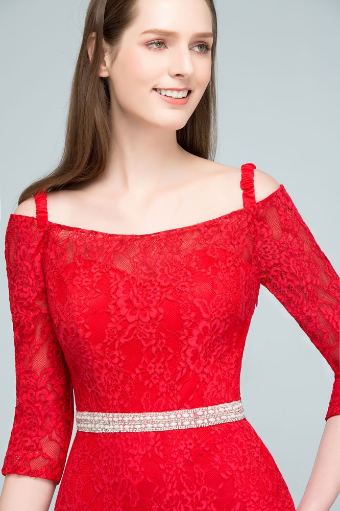 Vestidos de cerimónia compridos de renda com alças caídas, corte sereia, mangas e faixa