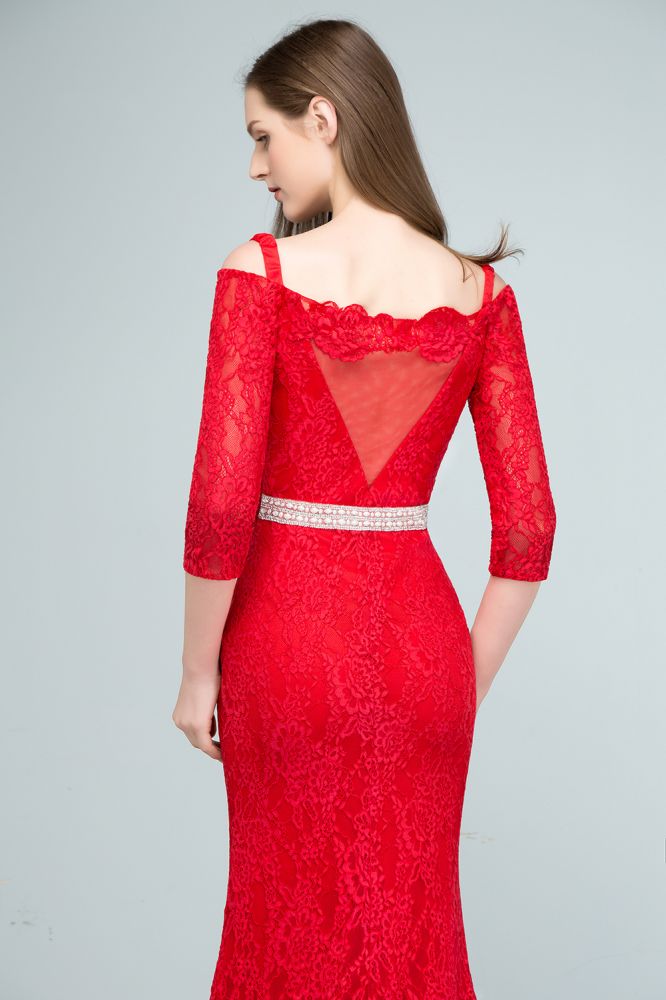 Vestidos de cerimónia compridos de renda com alças caídas, corte sereia, mangas e faixa