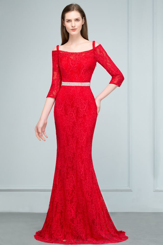 Vestidos de cerimónia compridos de renda com alças caídas, corte sereia, mangas e faixa