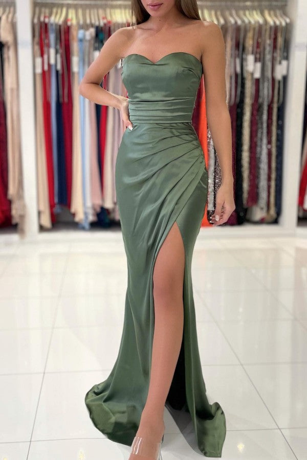 Langes Meerjungfrau-Ballkleid aus Stretch-Satin mit Herzausschnitt und Schlitz