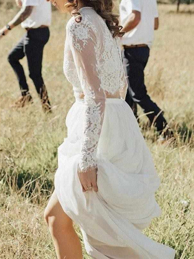 Robe de mariée longue en deux parties, ligne A, col bijou, en dentelle et mousseline, avec manches