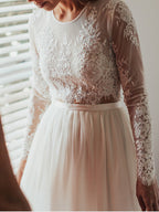 فساتين زفاف شيفون دانتيل برقبة مزينة على شكل جوهرة، بطول طويل، قطعتان، بقصة على شكل حرف A وأكمام