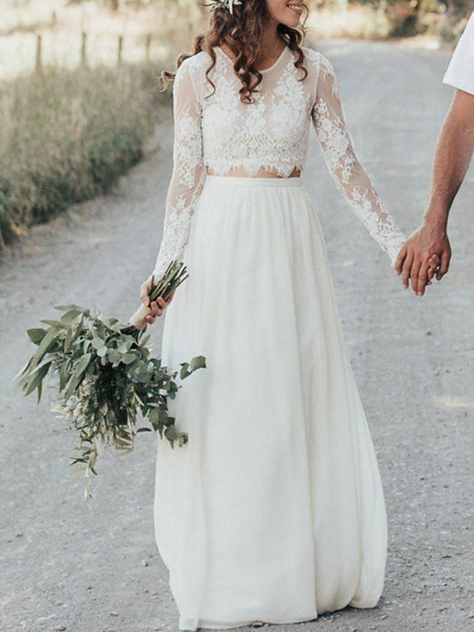 Langes zweiteiliges A-Linien-Brautkleid mit Rundhalsausschnitt und Spitze und Ärmeln