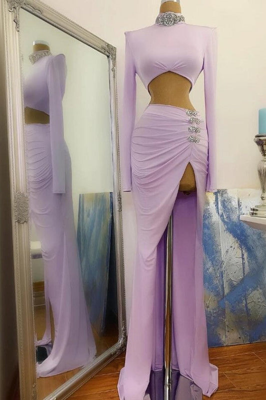 Langes, zweiteiliges Meerjungfrau-Ballkleid mit hohem Halsausschnitt und Schlitz und Ärmeln