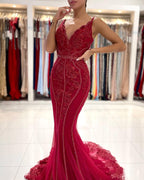 Long V-neck Tulle Lace Open Back Mermaid Prom Dress with Glitter