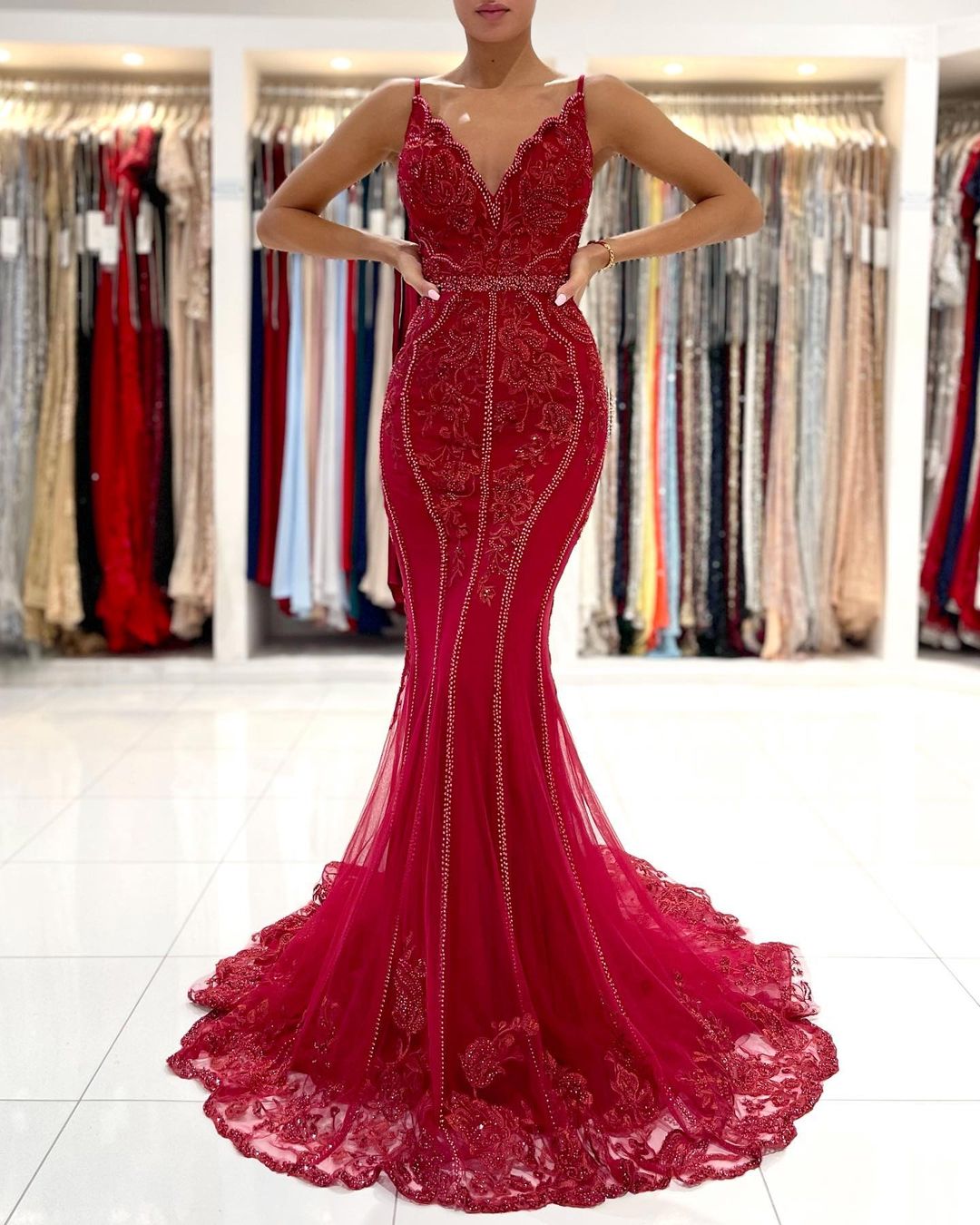 Long V-neck Tulle Lace Open Back Mermaid Prom Dress with Glitter