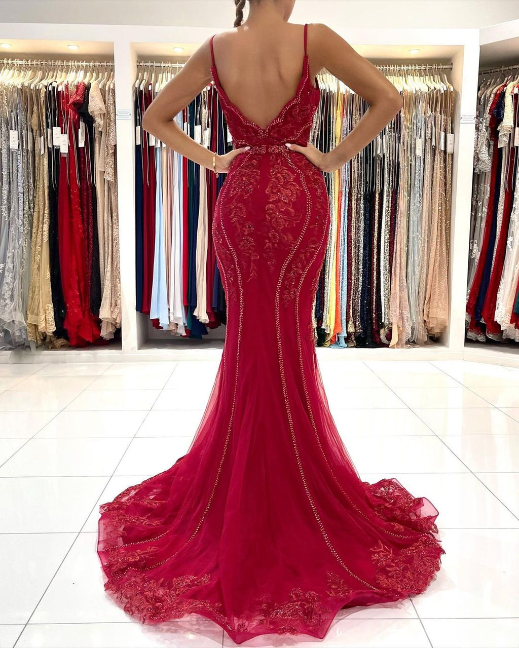 Long V-neck Tulle Lace Open Back Mermaid Prom Dress with Glitter
