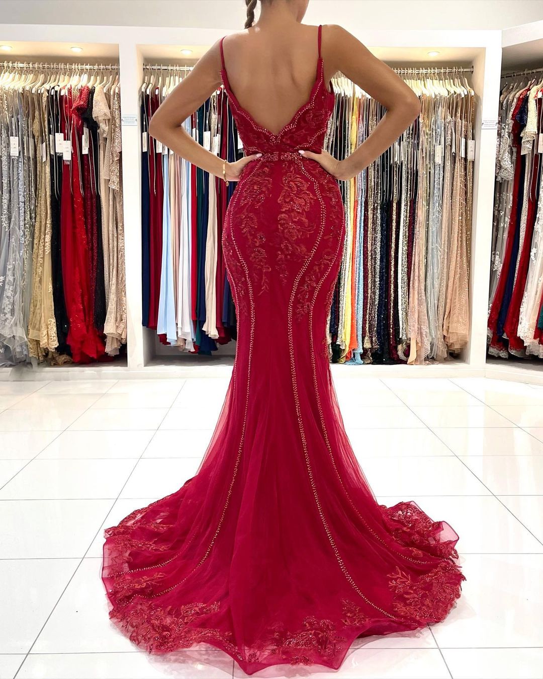 Long V-neck Tulle Lace Open Back Mermaid Prom Dress with Glitter