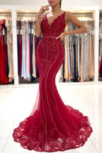 Long V-neck Tulle Lace Open Back Mermaid Prom Dress with Glitter