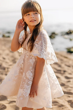 White A Line Three Quarter Sleeves Flower Girl Dress With Lace Appliques Zipper
