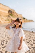 White A Line Three Quarter Sleeves Flower Girl Dress With Lace Appliques Zipper
