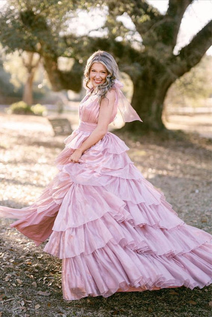 RGlitter Tie Straps Pink Plunging Neck Tiered Long Prom Dress