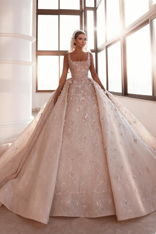 Luxuriöse A-Linien-Brautkleider im Prinzessinnen-Stil mit Applikationen und abnehmbarer Schleppe