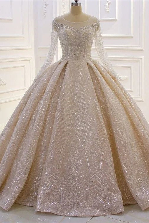 Robe de mariée luxueuse en dentelle à sequins, coupe en A, à manches longues