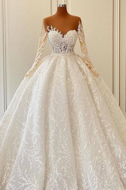 Robe de bal princesse luxueuse en dentelle à manches longues et coupe évasée