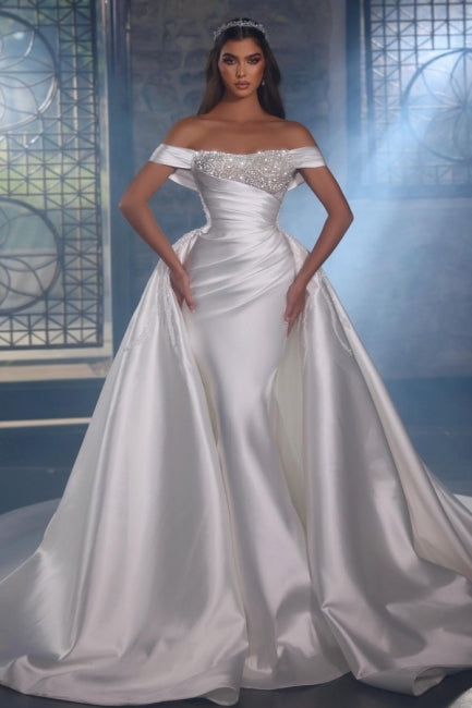 Luxuriöses A-Linien-Brautkleid aus Satin mit schulterfreiem, ärmellosem Perlenbesatz und Glitzer