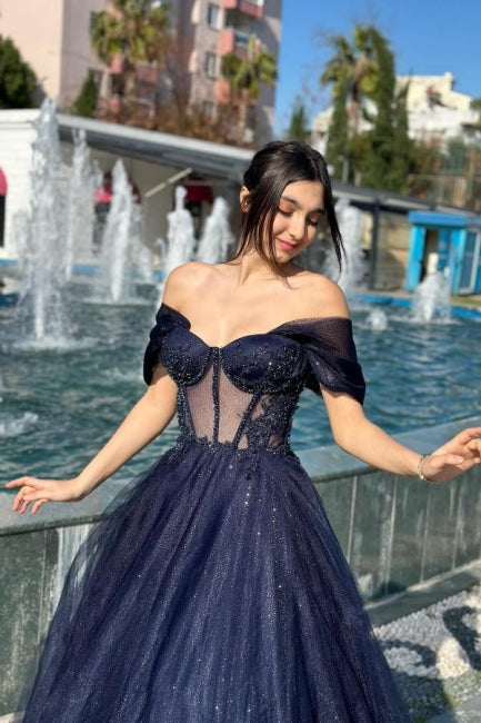 Vestido de baile luxuoso em tule, corte em A, sem mangas, com decote ombro a ombro e apliques