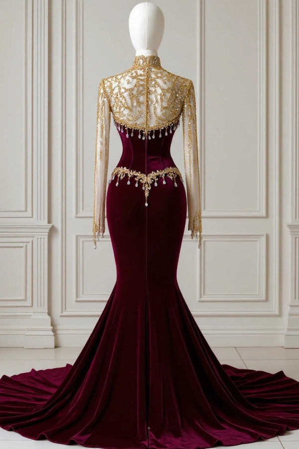 Burgundy High Neck Long Sleeves Mermaid Prom Dress With Detachable Coat