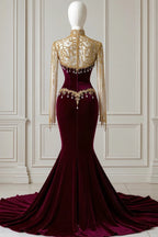 Burgundy High Neck Long Sleeves Mermaid Prom Dress With Detachable Coat
