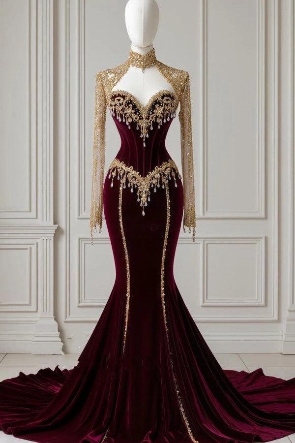Burgundy High Neck Long Sleeves Mermaid Prom Dress With Detachable Coat