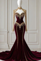 Burgundy High Neck Long Sleeves Mermaid Prom Dress With Detachable Coat