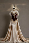 Champagne And Burgundy Off The Shoulder Mermaid Prom Dress With Detachable Train