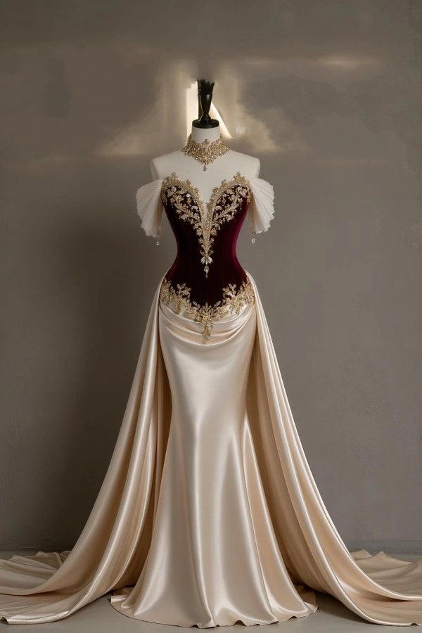 Champagne And Burgundy Off The Shoulder Mermaid Prom Dress With Detachable Train